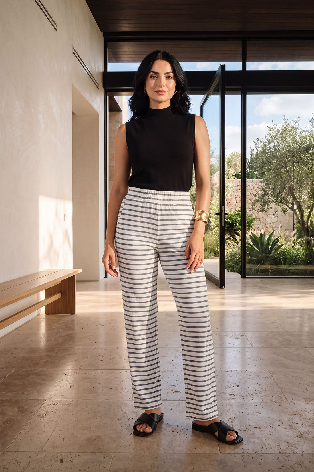 Off White Yarn Dyed Cotton Relaxed Fit Straight Ankle Length Trousers