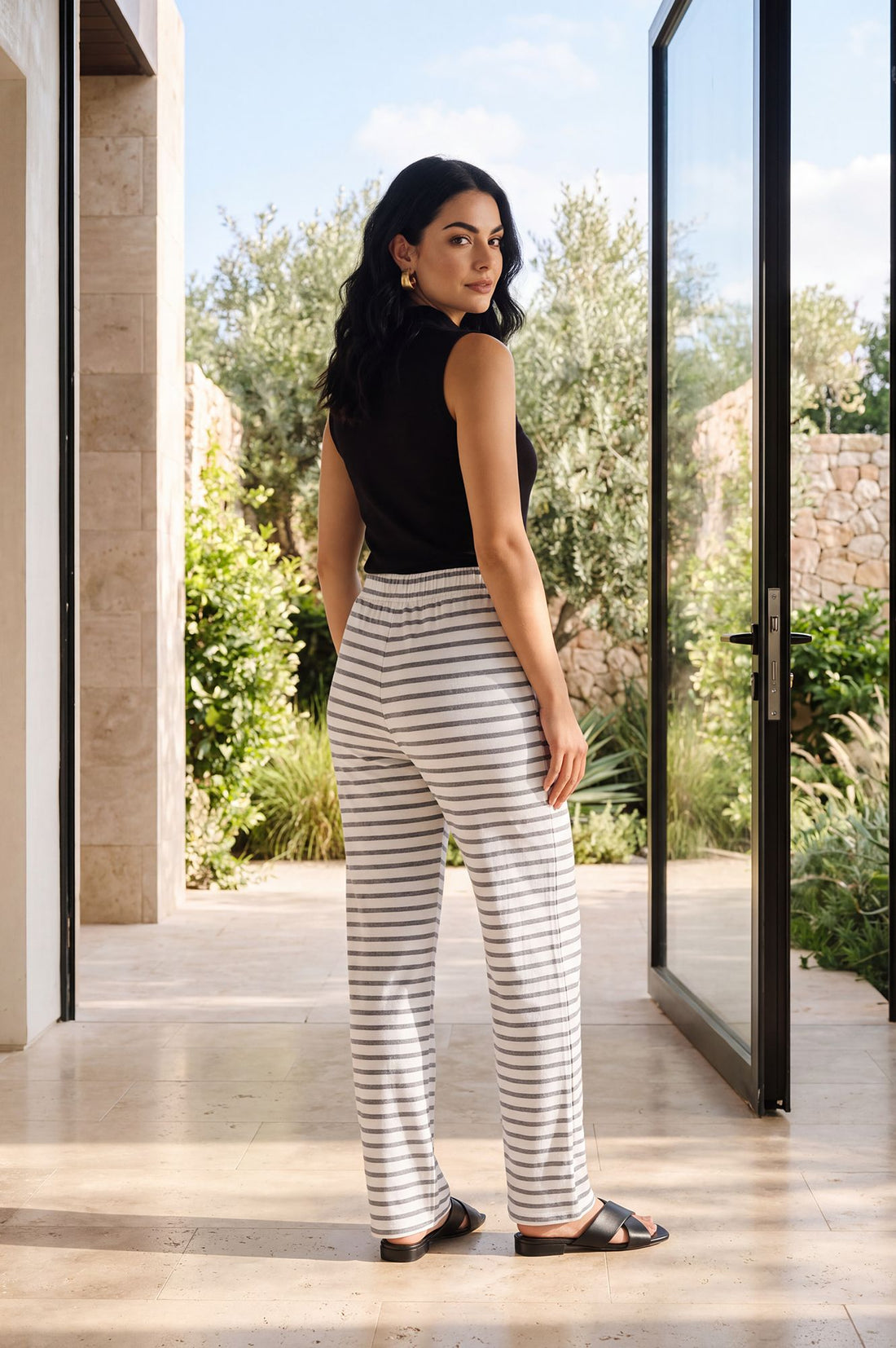 Off White Yarn Dyed Cotton Relaxed Fit Straight Ankle Length Trousers