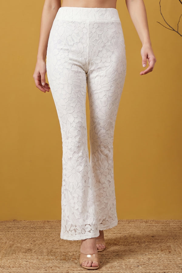 Off White Yarn Dyed Textured Lace Boot-cut Ankle Length Palazzo