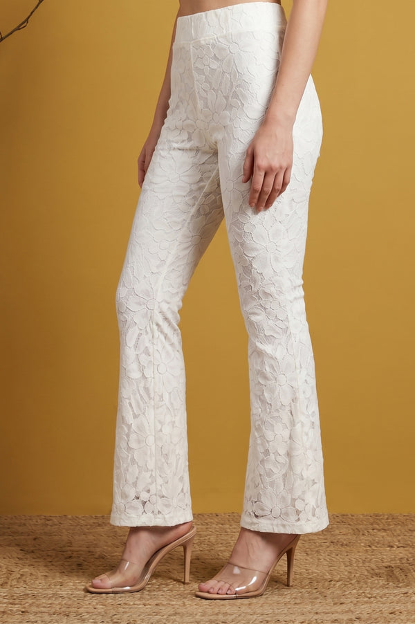Off White Yarn Dyed Textured Lace Boot-cut Ankle Length Palazzo