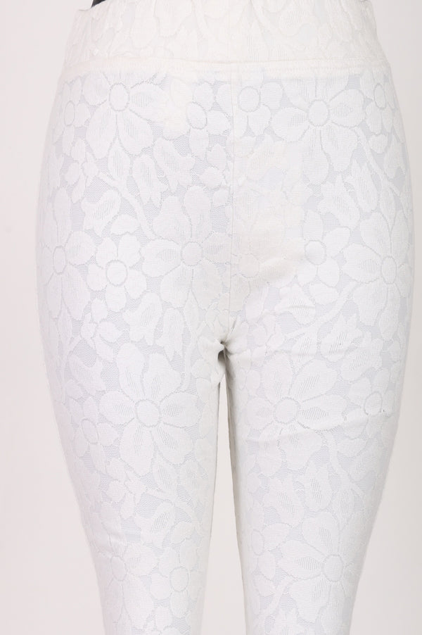 Off White Yarn Dyed Textured Lace Boot-cut Ankle Length Palazzo