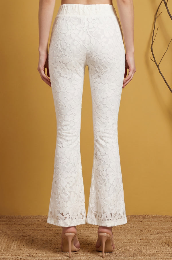Off White Yarn Dyed Textured Lace Boot-cut Ankle Length Palazzo