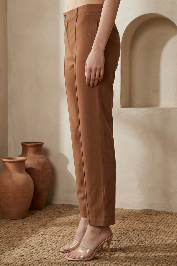 Elleven Women's Brown Solid Rayon Straight Fit Ankle Length Pants