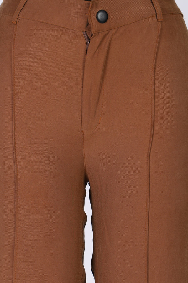 Elleven Women's Brown Solid Rayon Straight Fit Ankle Length Pants