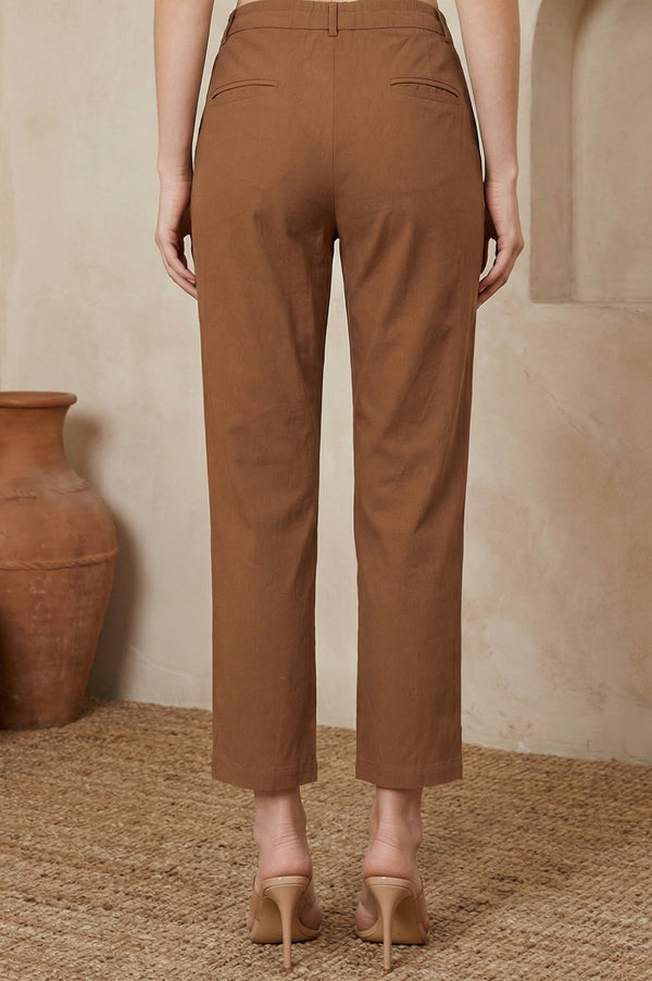 Elleven Women's Brown Solid Rayon Straight Fit Ankle Length Pants