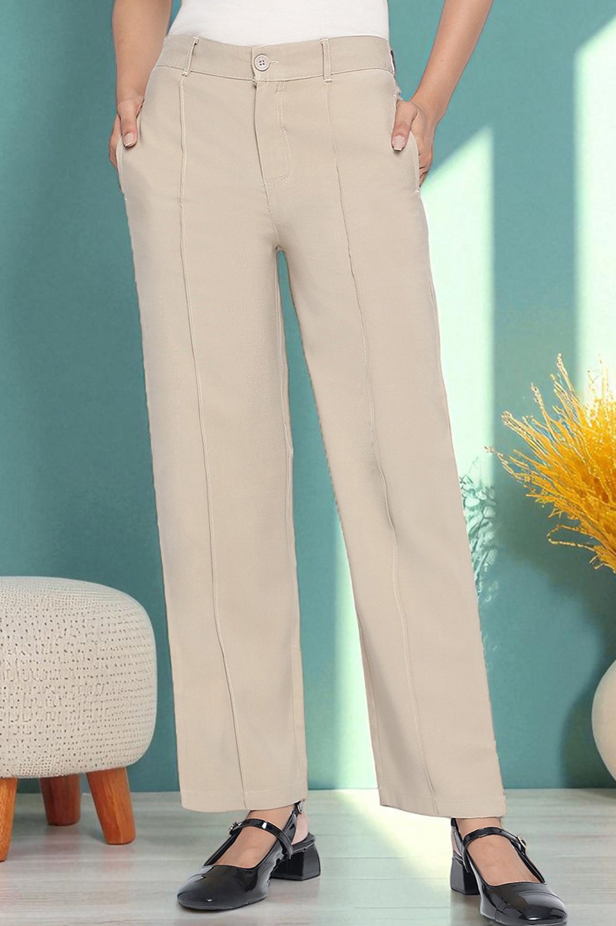 Elleven Women's Beige Solid Korea Rayon Twill Pants In Ankle Length with YKK Zipper - S