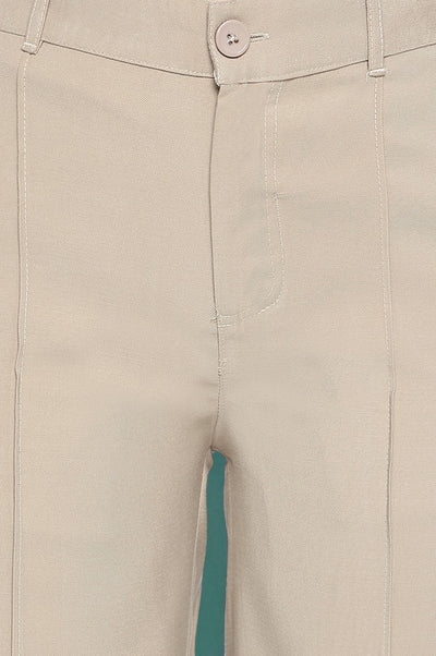 Beige Solid Korea Rayon Twill Pants In Ankle Length