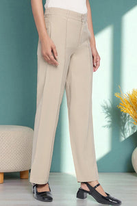 Beige Solid Korea Rayon Twill Pants In Ankle Length