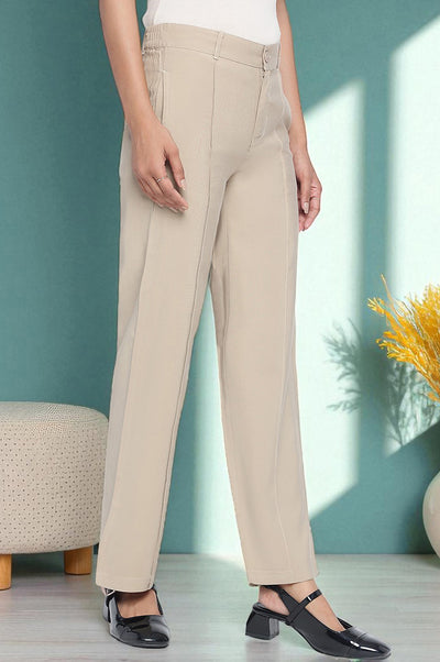 Beige Solid Korea Rayon Twill Pants In Ankle Length