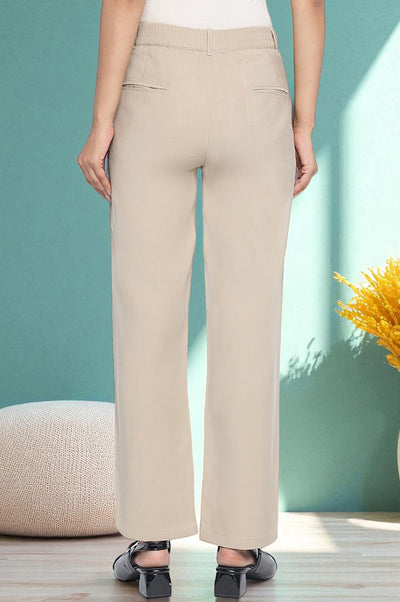 Beige Solid Korea Rayon Twill Pants In Ankle Length