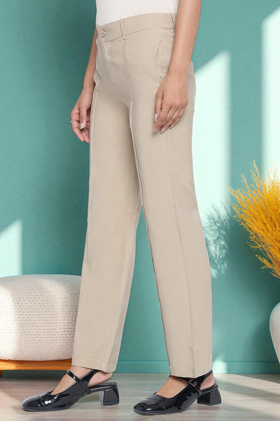 Beige Solid Korea Rayon Twill Pants In Ankle Length