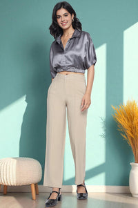 Beige Solid Korea Rayon Twill Pants In Ankle Length