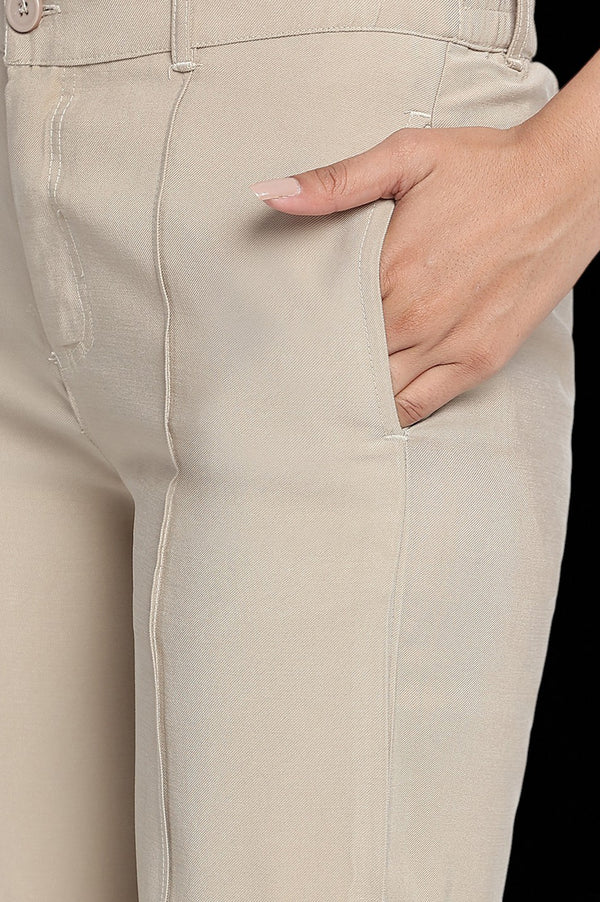 Elleven Women's Beige Solid Korea Rayon Twill Pants In Ankle Length with YKK Zipper