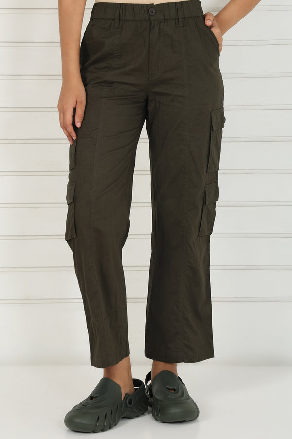 Elleven Women's Olive Solid Pure Cotton Cargo
