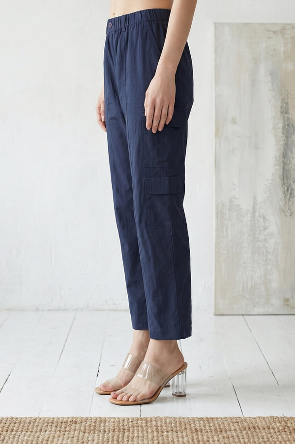 Elleven Women's Navy Blue Solid Pure Cotton Ankle Length Cargo
