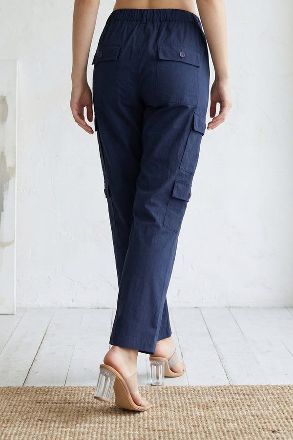 Elleven Women's Navy Blue Solid Pure Cotton Ankle Length Cargo