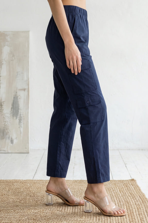 Elleven Women's Navy Blue Solid Pure Cotton Ankle Length Cargo