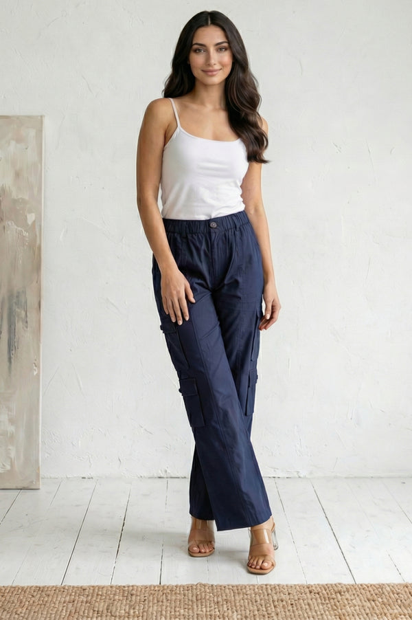 Elleven Women's Navy Blue Solid Pure Cotton Ankle Length Cargo