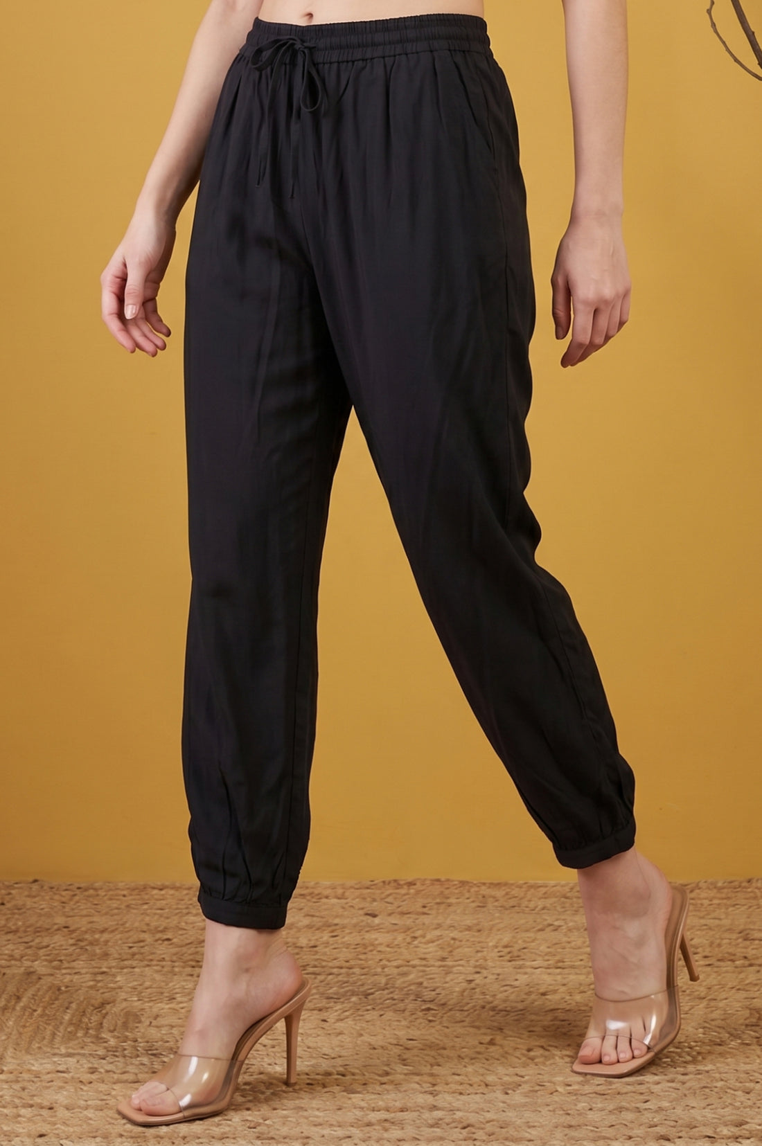 Black Mid Rise Ankle Length Jogger Pants