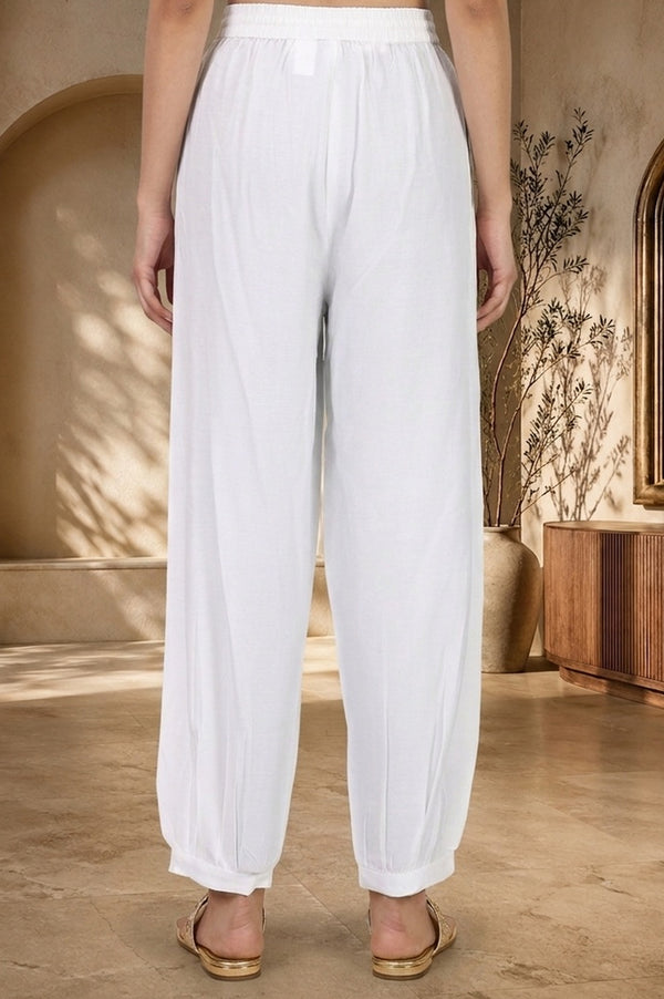 White Solid Rayon Relaxed Fit Ankle Length Harem Pants