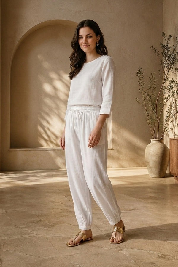 White Solid Rayon Relaxed Fit Ankle Length Harem Pants