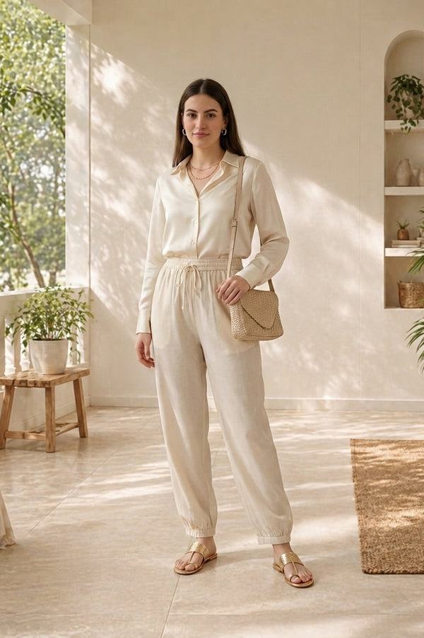 Off White Solid Rayon Relaxed Fit Ankle Length Harem Pants