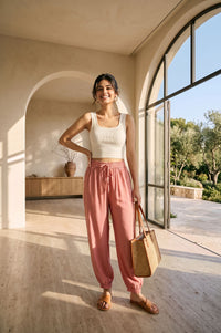Pink Solid Rayon Ankle Length Harem Pants