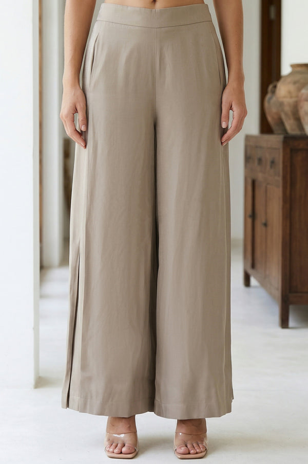 Elleven Women's Beige Yarn Dyed Solid Rayon Wide Leg Palazzo