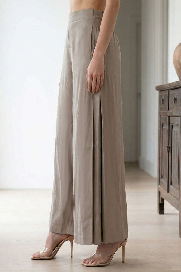 Elleven Women's Beige Yarn Dyed Solid Rayon Wide Leg Palazzo