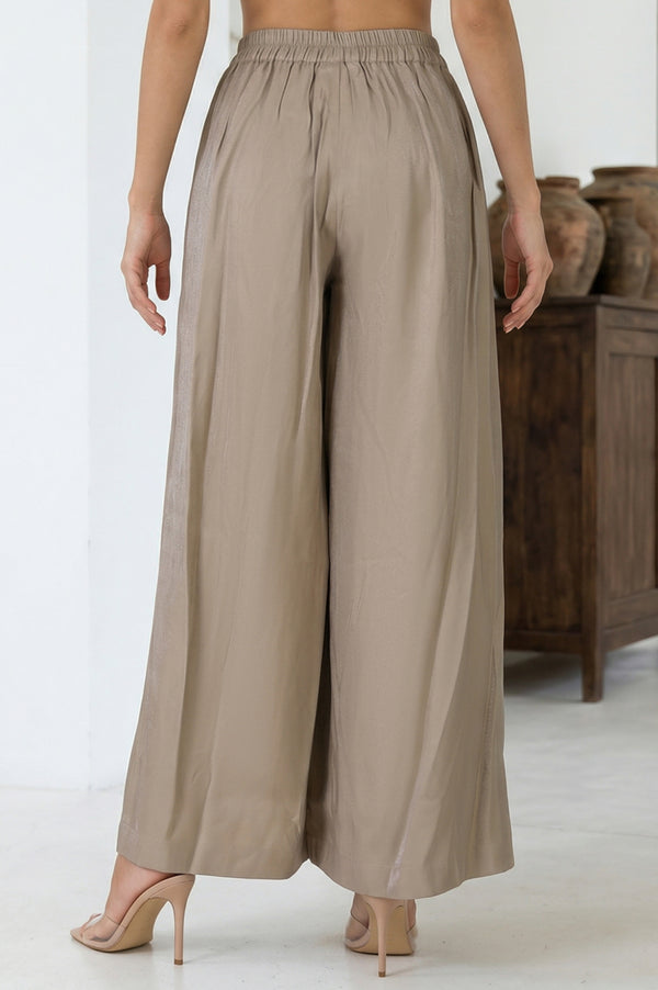 Elleven Women's Beige Yarn Dyed Solid Rayon Wide Leg Palazzo