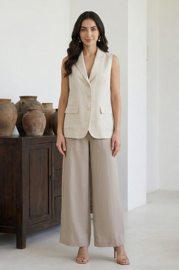 Elleven Women's Beige Yarn Dyed Solid Rayon Wide Leg Palazzo