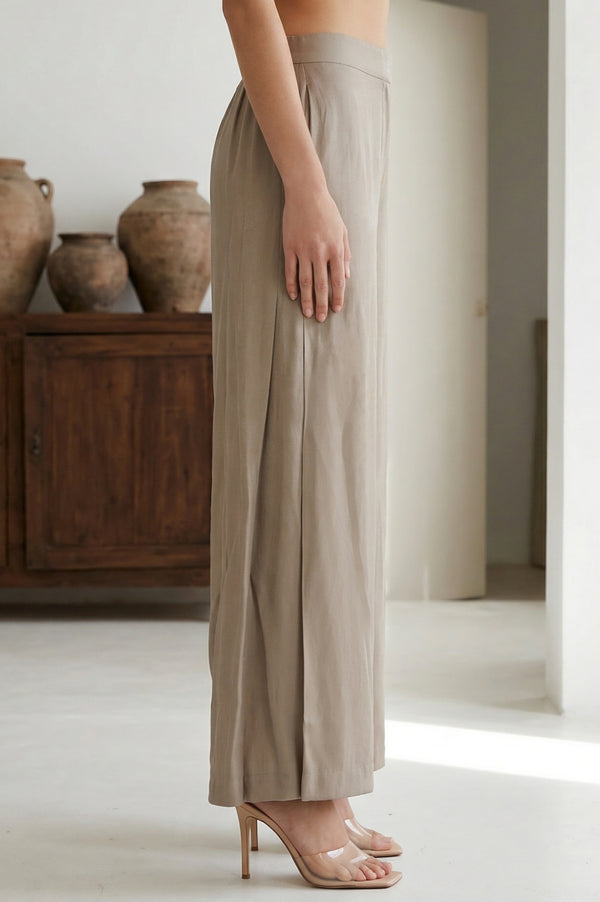 Elleven Women's Beige Yarn Dyed Solid Rayon Wide Leg Palazzo