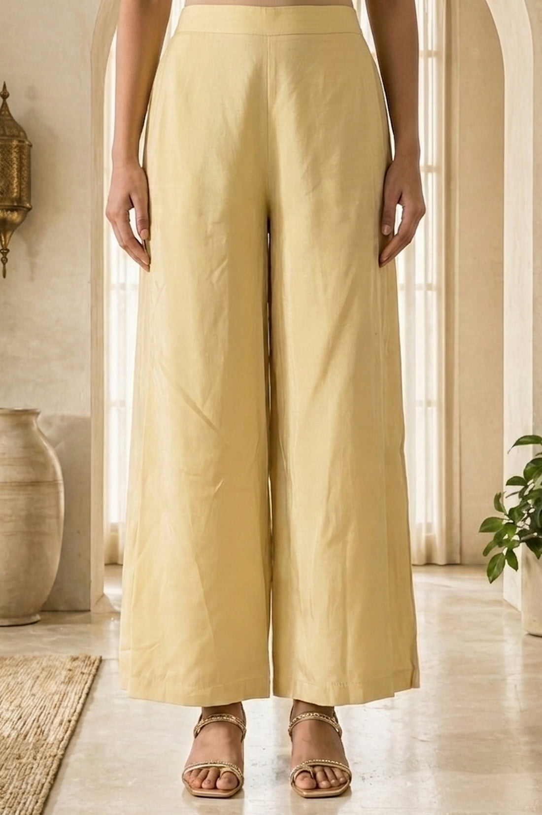 Gold Yarn Dyed Solid Rayon Ankle Length Palazzo