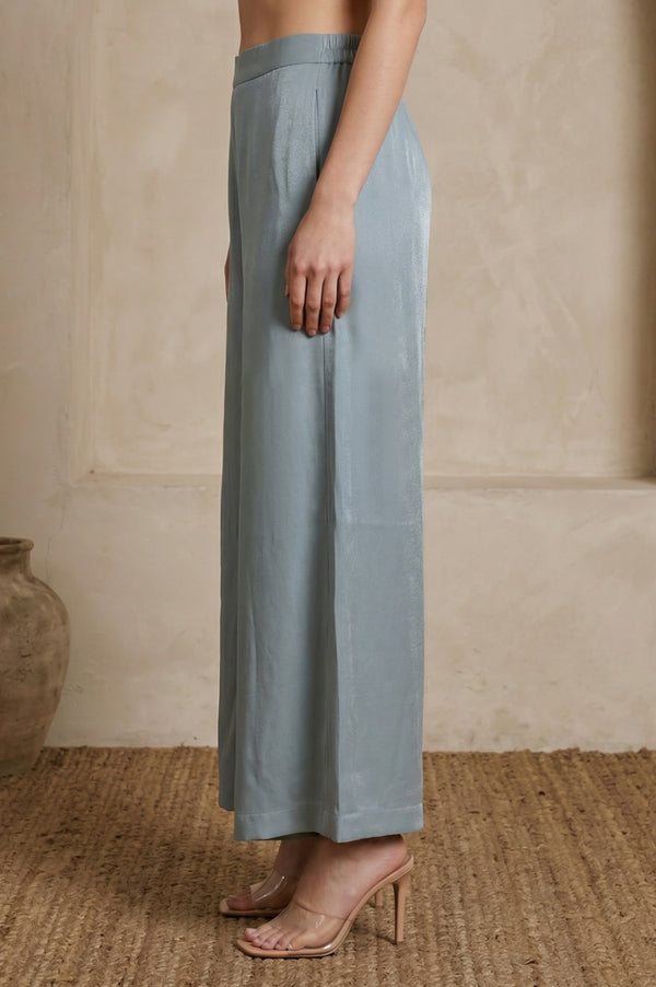 Elleven Women's Blue Yarn Dyed Solid Rayon Wide Leg Floor Length High Rise Palazzo