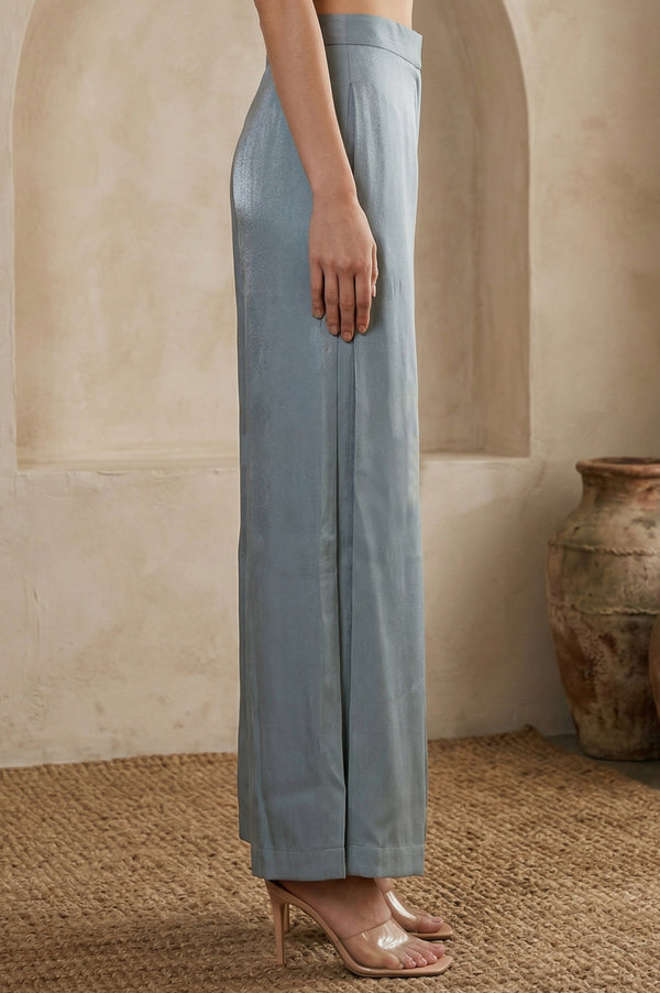 Elleven Women's Blue Yarn Dyed Solid Rayon Wide Leg Floor Length High Rise Palazzo
