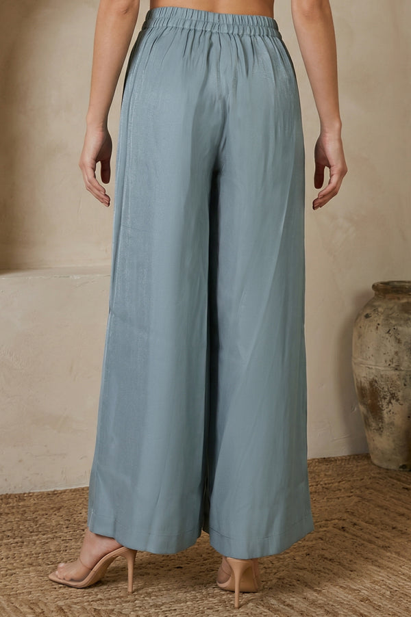 Elleven Women's Blue Yarn Dyed Solid Rayon Wide Leg Floor Length High Rise Palazzo