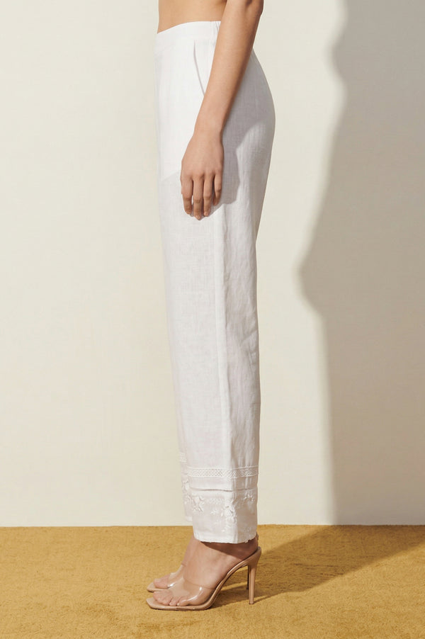 Elleven Women's White Embroidered Pure Cotton Straight Fit Ankle Length Palazzo