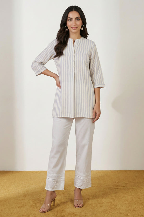 Elleven Women's White Embroidered Pure Cotton Straight Fit Ankle Length Palazzo