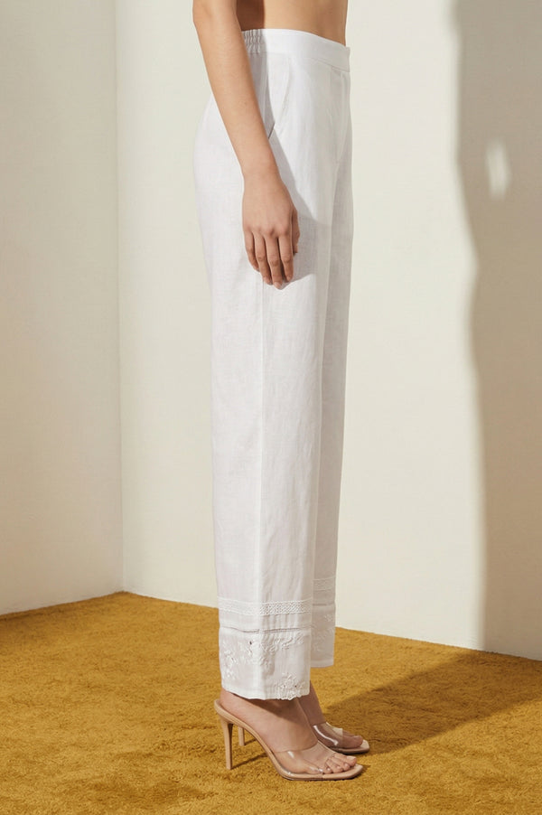 Elleven Women's White Embroidered Pure Cotton Straight Fit Ankle Length Palazzo