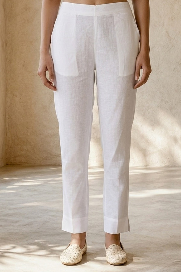 White Solid Cotton Flax Ankle Length Trousers