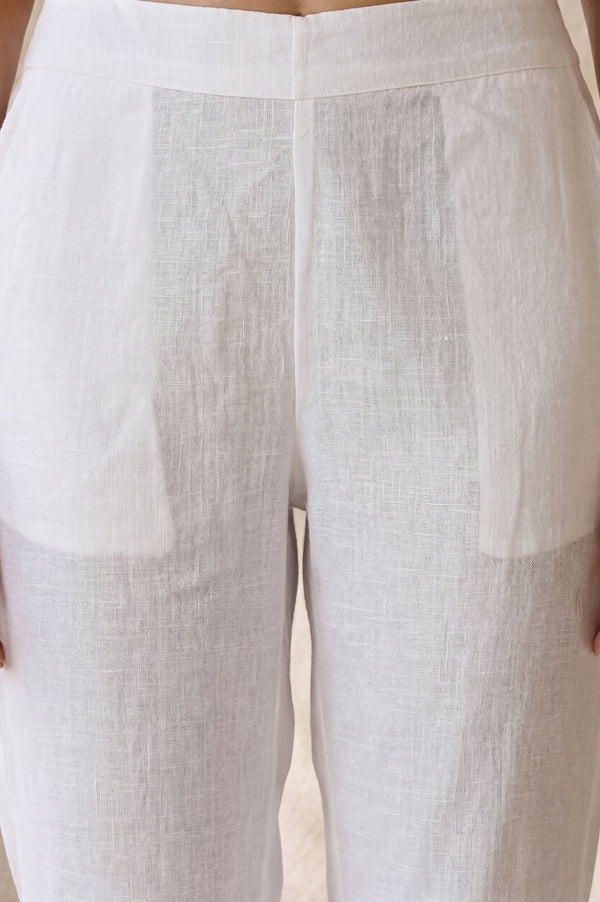 White Solid Cotton Flax Ankle Length Trousers