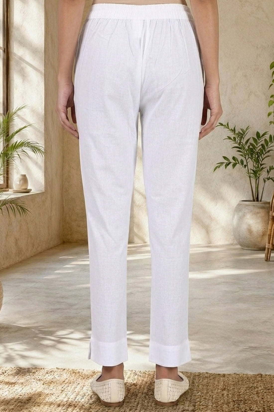 White Solid Cotton Flax Ankle Length Trousers