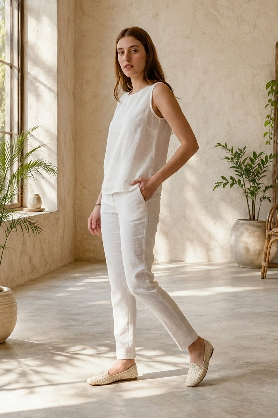 White Solid Cotton Flax Ankle Length Trousers