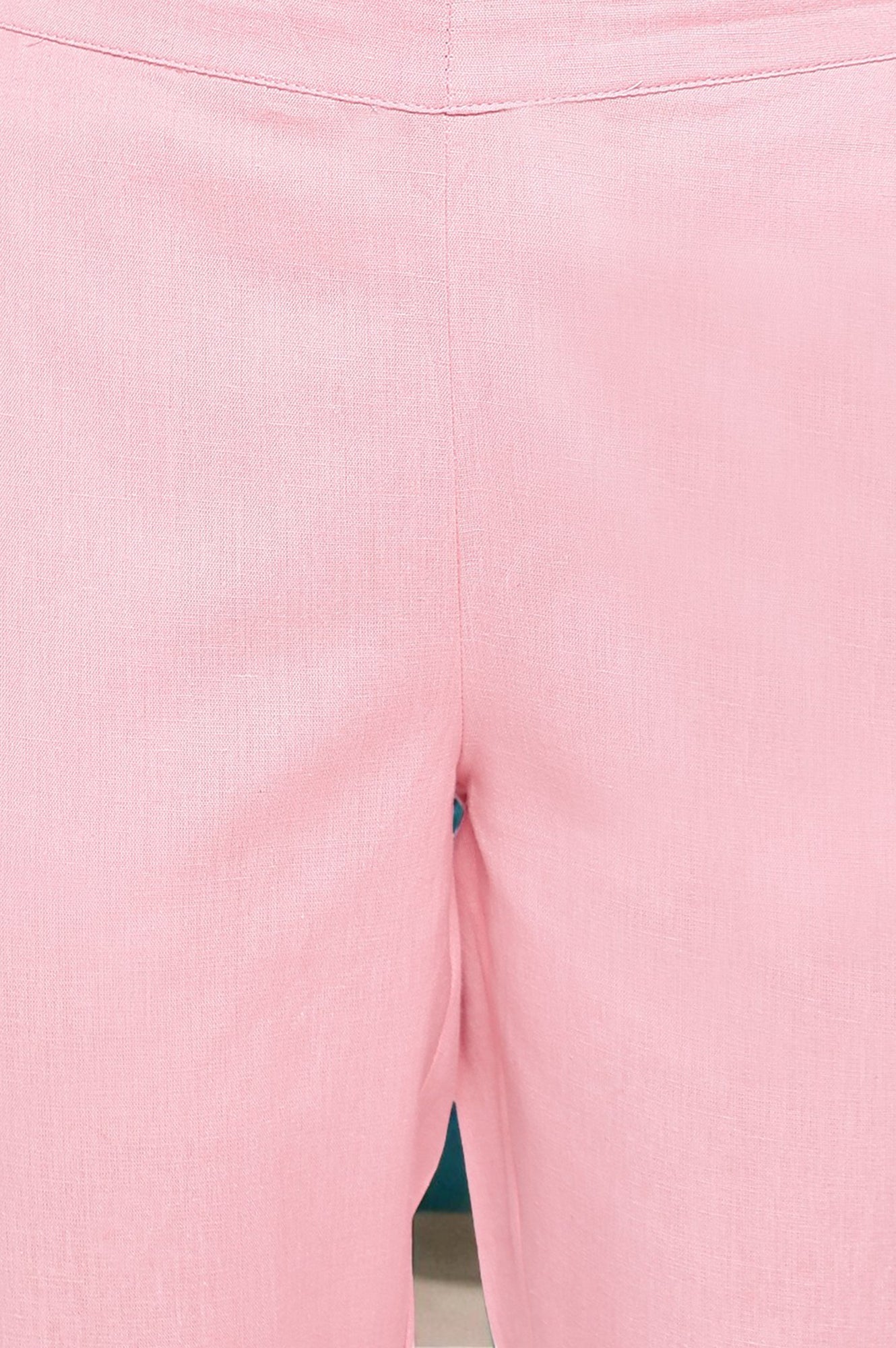 Pink Solid Cotton Flax Trousers in Ankle Length