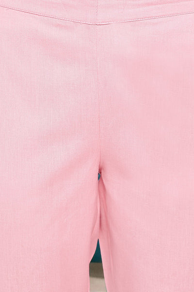 Pink Solid Cotton Flax Trousers in Ankle Length