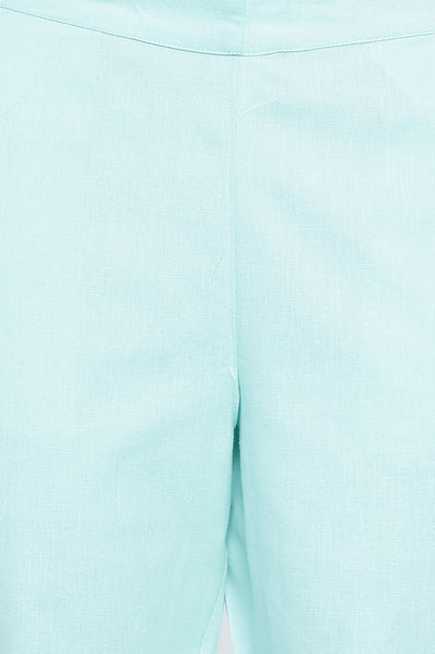 Blue Solid Cotton Flax Ankle Length Trousers