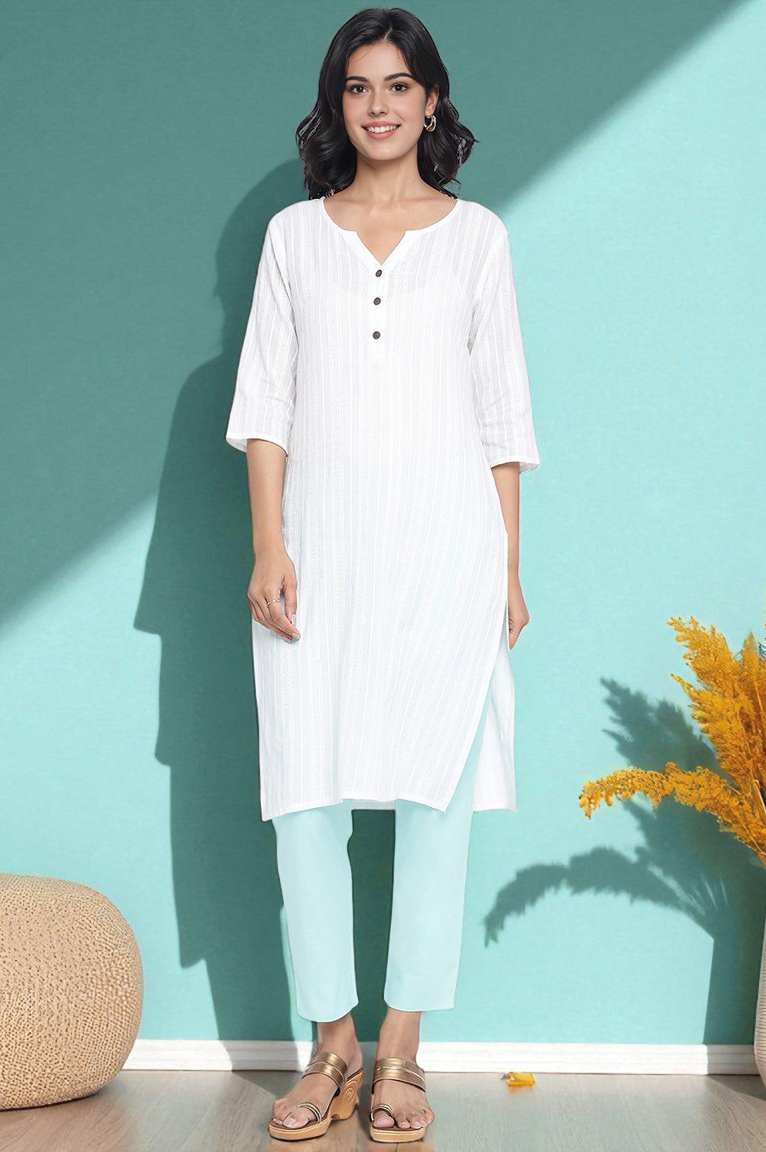 Blue Solid Cotton Flax Ankle Length Trousers