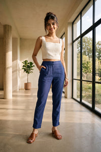Blue Solid Rayon Slim Fit Ankle Length Mid Rise Trousers