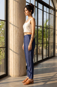 Blue Solid Rayon Slim Fit Ankle Length Mid Rise Trousers