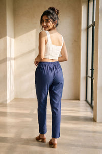 Blue Solid Rayon Slim Fit Ankle Length Mid Rise Trousers